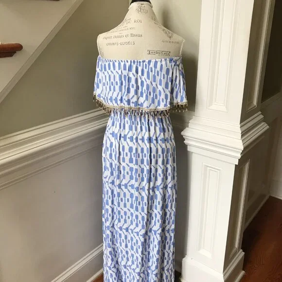 Skemo Beaded Maxi Dress Womens Small Blue White Sleeveless Tube Cover Up Ruffle - Picture 11 of 12